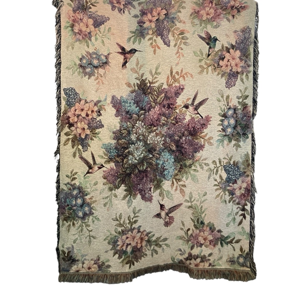 Vtg Lena Liu Hummingbirds Floral Tapestry XL Throw Blanket Cottagecore Whimsical